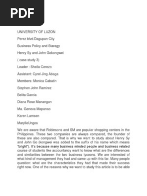 henry sy and john gokongwei statement of the problem henry sy and john gokongwei business policy